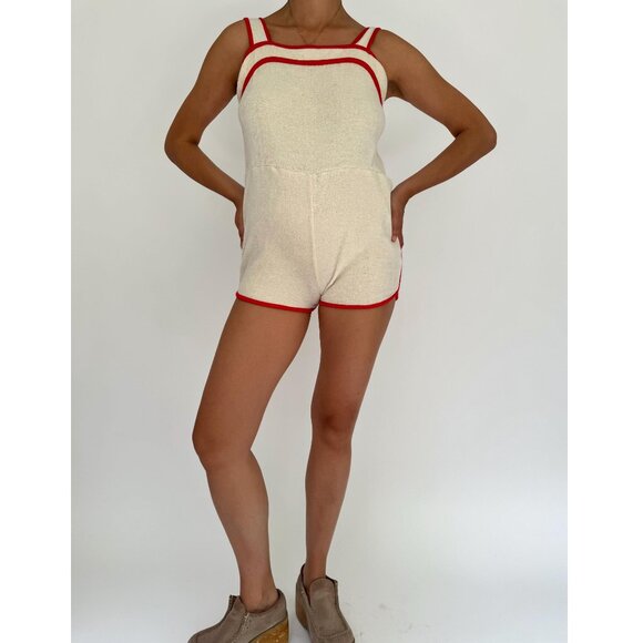 60s 70s vintage red cream ringer terry cloth mini romper shorts playsuit small - Picture 1 of 10